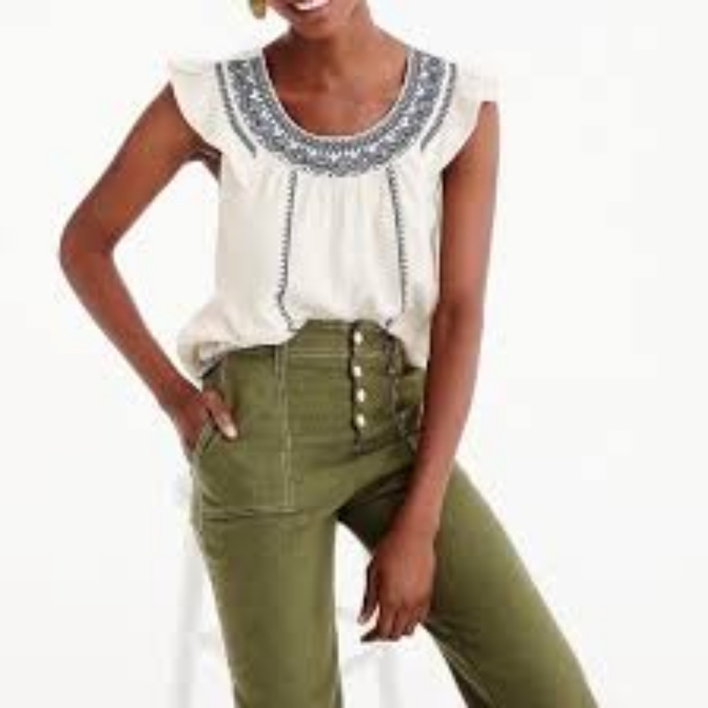 J.Crew Point Sur 100% Linen Embroidered Ruffle Sleeveless Top